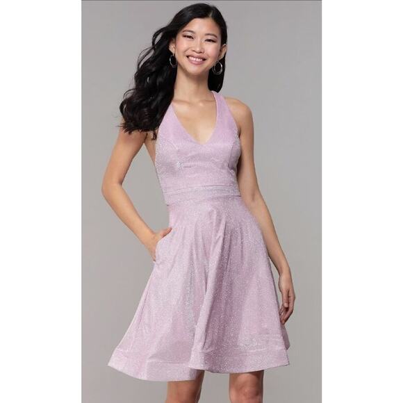 Soieblu Dresses & Skirts - Soieblu Glitter Blush Pink Silver Shimmer Halter Strappy Party Mini Dress Size S